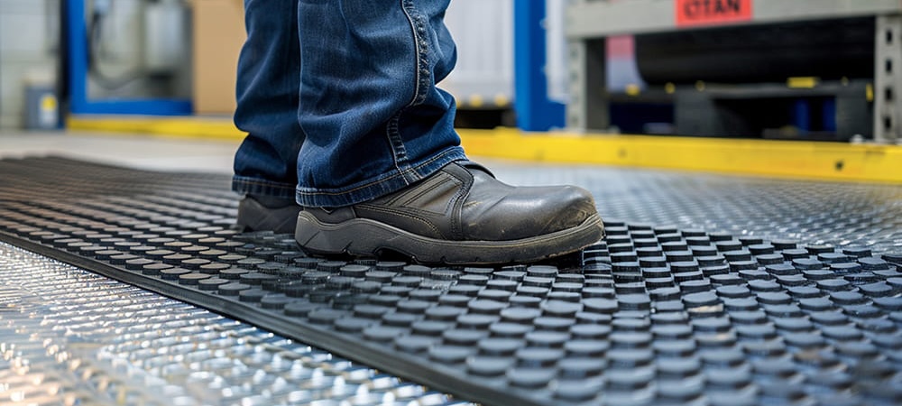 Person mit Sicherheitsschuhen steht auf einer rutschfesten Arbeitsplatzmatte in einer Industriehalle